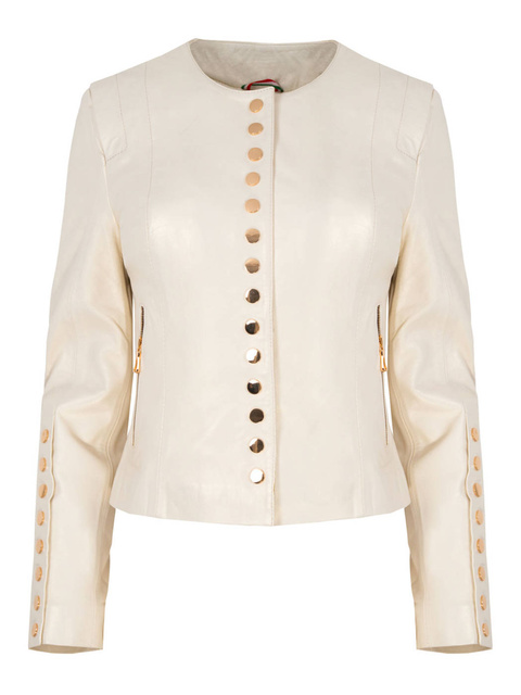 ALEXANDRA MILANO ETNA kremowo -perłowa kurtka ze skóry jagnięcej ze złotymi nitami.