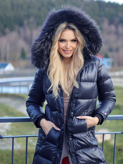 ROCKANDBLUE FARROW COAT 110 cm  - Czarny puchowy płaszcz z kapturem i kołnierzem z jenota