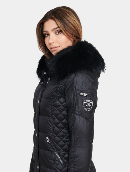 ROCKANDBLUE BEAM BLACK 90 cm - Damski puchowy płaszcz z kapturem o bardzo wąskim kroju