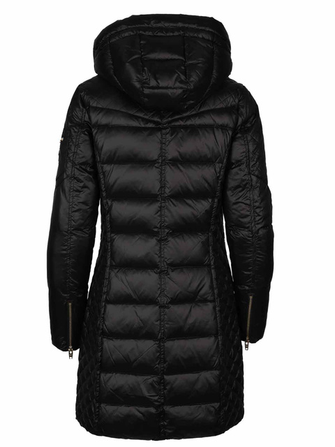 ROCKANDBLUE CIARA BARE 90 cm - Czarny puchowy płaszcz o bardzo wąskim kroju z kapturem bez obszycia