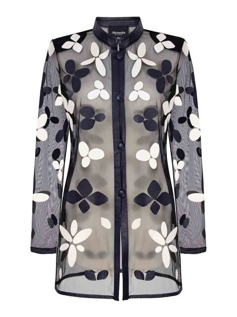 elegancki ażurowy żakiet damski z elementami skórzanymi