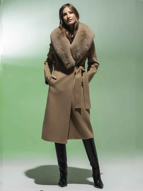 LOCO LUXO Luksusowy damski płaszcz wełniany z kołnierzem z lisa