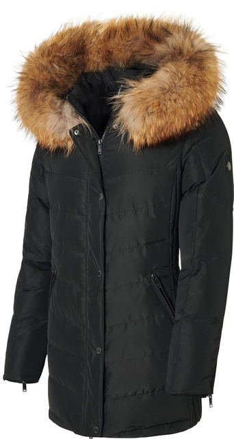SAKI LAUREN 78 cm - Czarna kurtka puchowa z kapturem oraz prawdziwym jenotem w kolorze naturalnym
