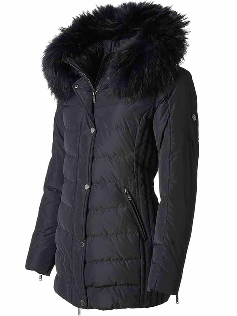 SAKI LAUREN 78 cm - Czarna kurtka puchowa z kapturem oraz prawdziwym jenotem