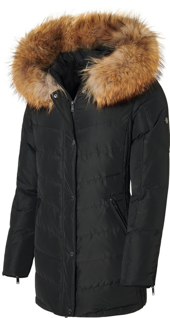 SAKI LAUREN 78 cm - Czarna kurtka puchowa z kapturem oraz prawdziwym jenotem