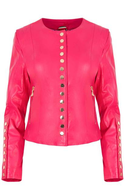 ALEXANDRA MILANO ETNA różowa kurtka ze skóry jagnięcej ze złotymi nitami.