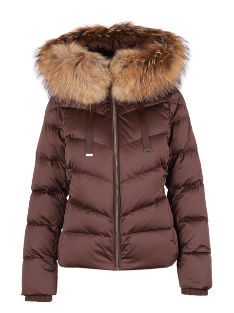 ROCKANDBLUE LEIA 63 cm – kurtka puchowa swobodnym kroju w kolorze czekolady z prawdziwym futrem jenota