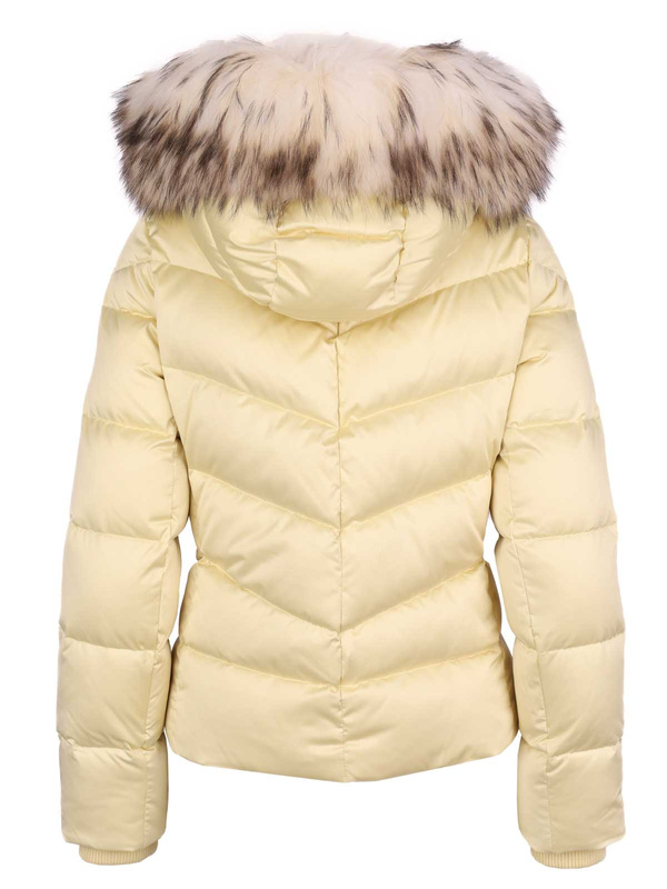 ROCKANDBLUE LEIA 63 cm – kurtka puchowa o swobodnym kroju w kolorze jasno żółtym z prawdziwym futrem jenota