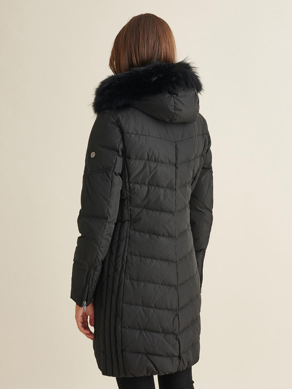 SAKI EVELYN 95 cm - Damski czarny puchowy płaszcz z kapturem i z jenotem