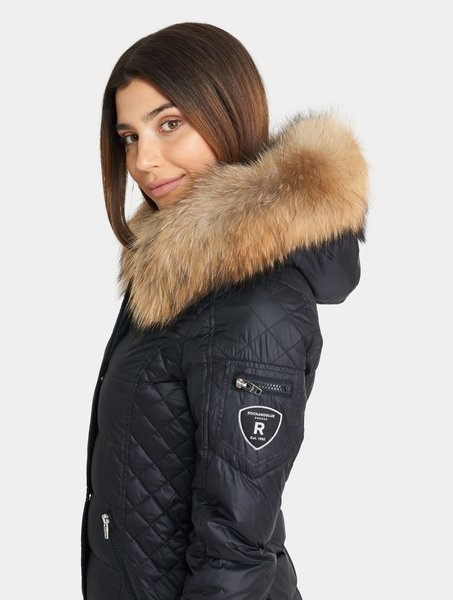 ROCKANDBLUE BEAM BLACK 90 cm - Damski puchowy płaszcz z kapturem o bardzo wąskim kroju