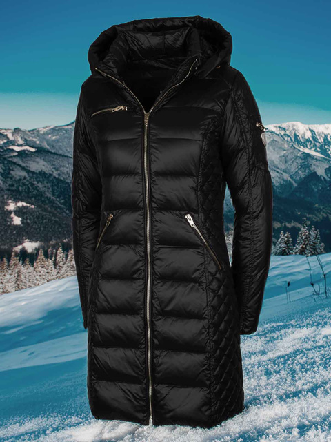 ROCKANDBLUE CIARA BARE 90 cm - Czarny puchowy płaszcz o bardzo wąskim kroju z kapturem bez obszycia