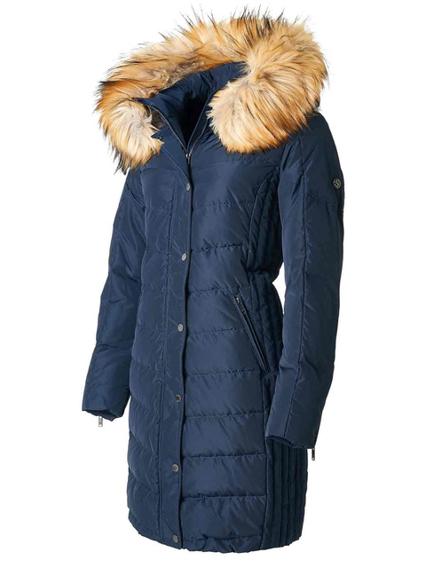 SAKI EVELYN 95 cm - Granatowy puchowy płaszcz z kapturem odpinanym na suwak i sztucznym kołnierzem