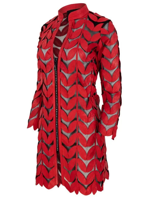 ALEXANDRA MILANO LEAF COAT CRISTAL - ręcznie wykonany czerwony żakiet ze skóry naturalnej.