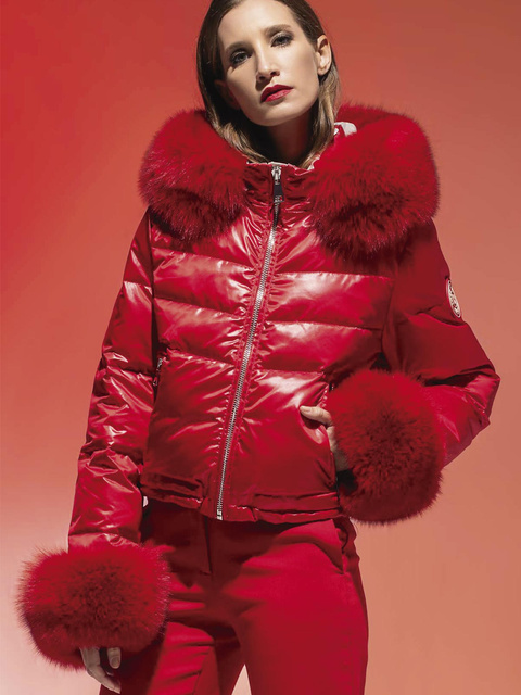 LOCO LUXO 50 cm - Ekskluzywna czerwona kurtka puchowa z kapturem i z lisem