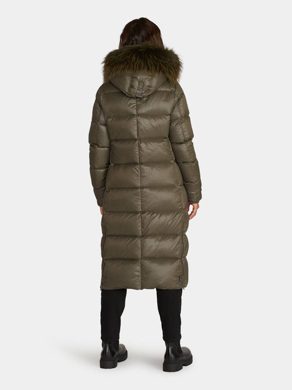 ROCKANDBLUE FARROW COAT 110 cm - Oliwkowy puchowy płaszcz z kapturem i kołnierzem z jenota