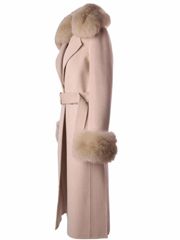 LOCO LUXO Luksusowy damski płaszcz wełniany z kołnierzem z lisa