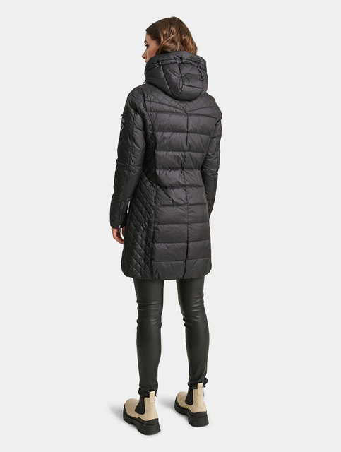 ROCKANDBLUE BEAM BARE Czarny puchowy płaszcz o bardzo wąskim kroju z kapturem bez obszycia