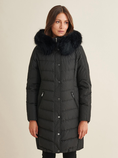SAKI EVELYN 95 cm - Damski czarny puchowy płaszcz z kapturem i z jenotem