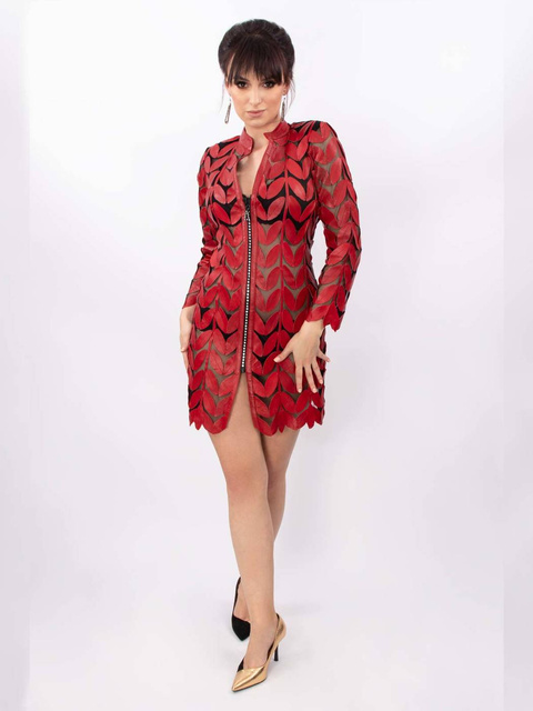 ALEXANDRA MILANO LEAF COAT CRISTAL - ręcznie wykonany czerwony żakiet ze skóry naturalnej.