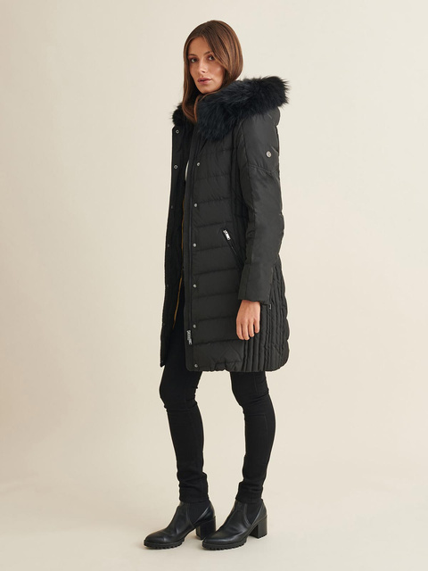 SAKI EVELYN 95 cm - Damski czarny puchowy płaszcz z kapturem i z jenotem