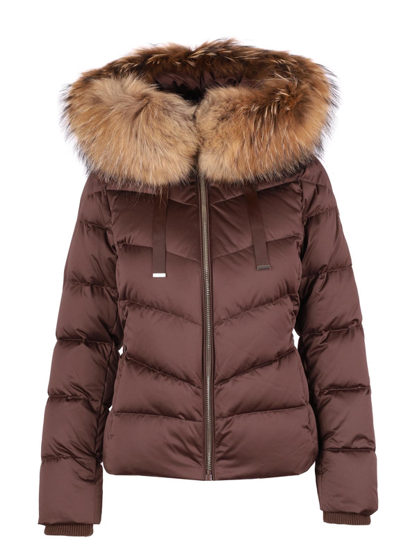 ROCKANDBLUE LEIA 63 cm – kurtka puchowa swobodnym kroju w kolorze czekolady z prawdziwym futrem jenota